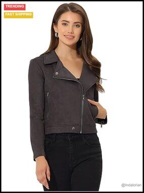 Faux Suede Moto Biker Jacket Zip Up Long Sleeve Outerwear